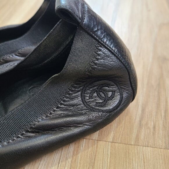 Chanel Ballet Flats 37.5 CC Logos Black Patent Cap Toe Pink Shine Elastic Trim - Picture 8 of 10